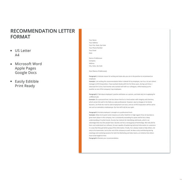 letter of recommendation layout format