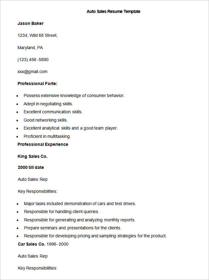 sample auto sales resume template