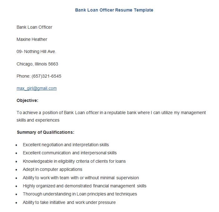 sample bank loan officer resume template