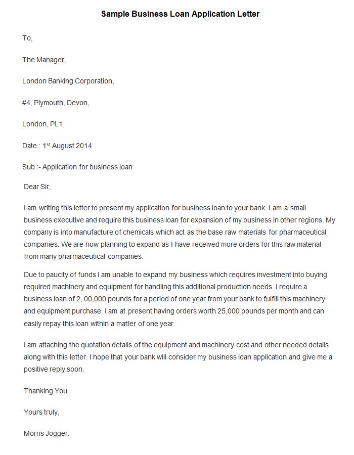 business loan application letter sample