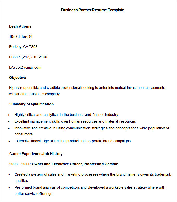 sample-business-partner-resume-template-free-download