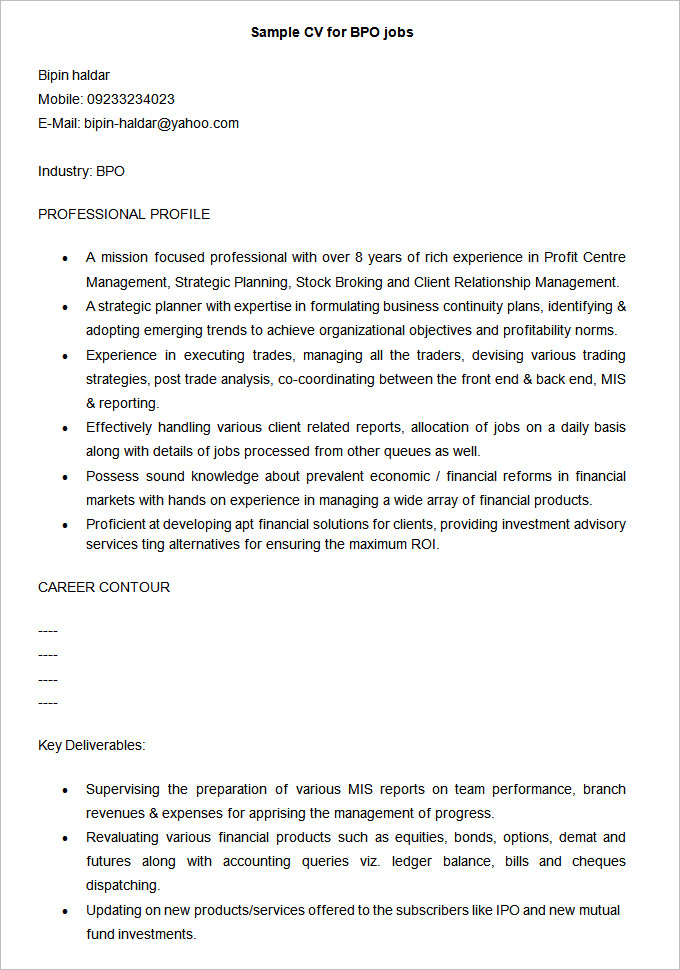 sample resume for 6 months experience in bpo