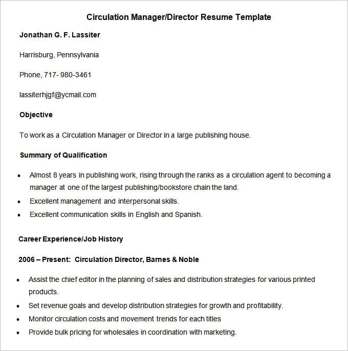 sample circulation manager director resume template download