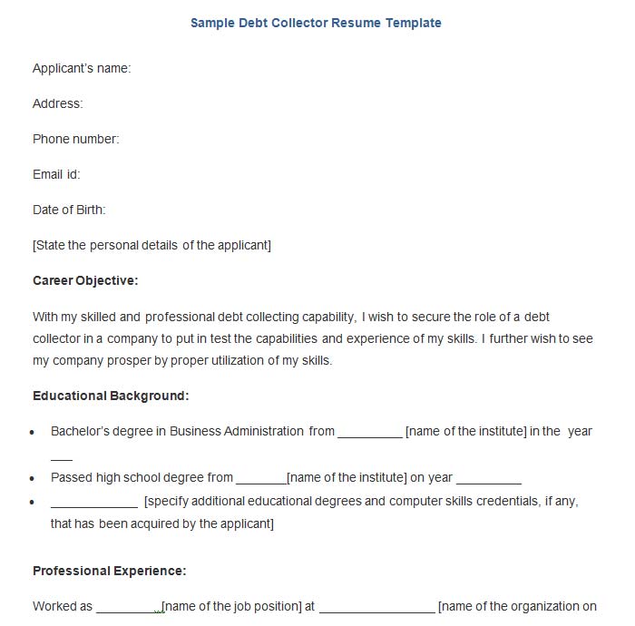 sample debt collector resume template download