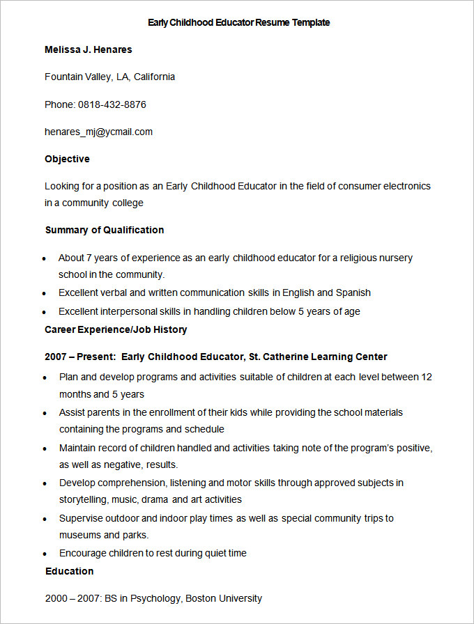 sample early childhood educator resume template