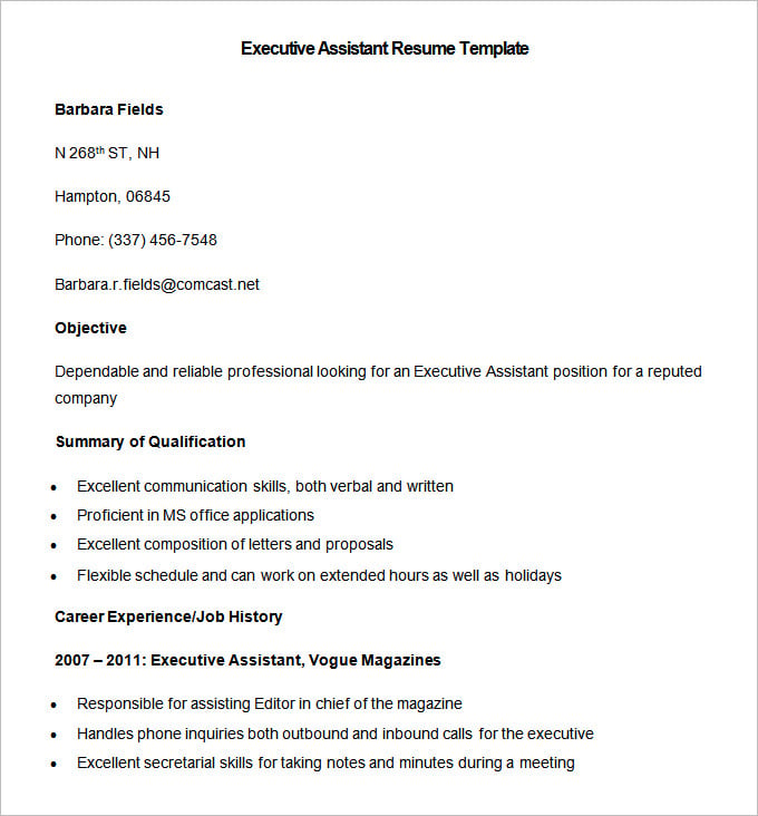 sample executive assistant resume template download