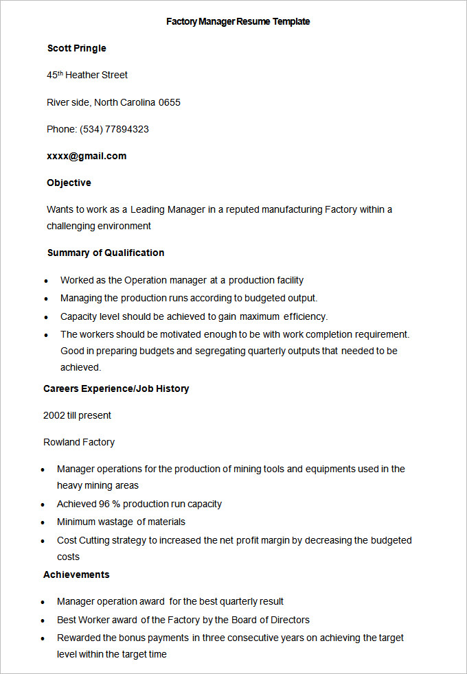 sample factory manager resume template