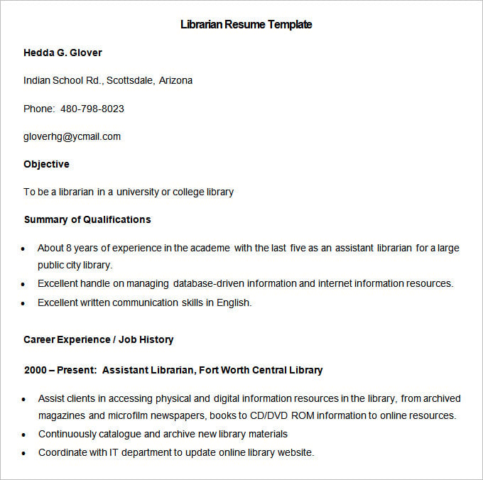 sample librarian resume template download
