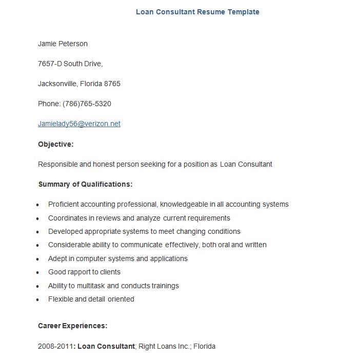 sample loan consultant resume template