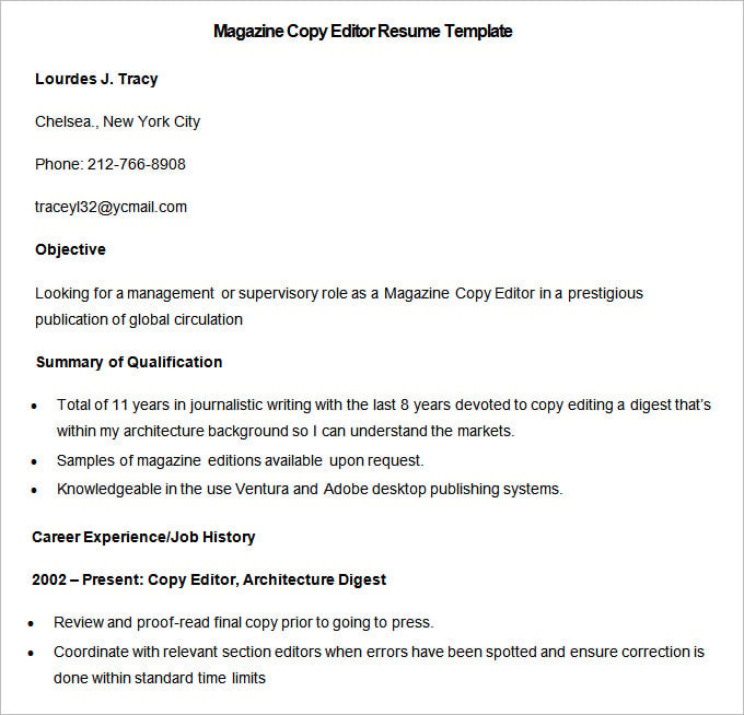 sample magazine copy editor resume template download