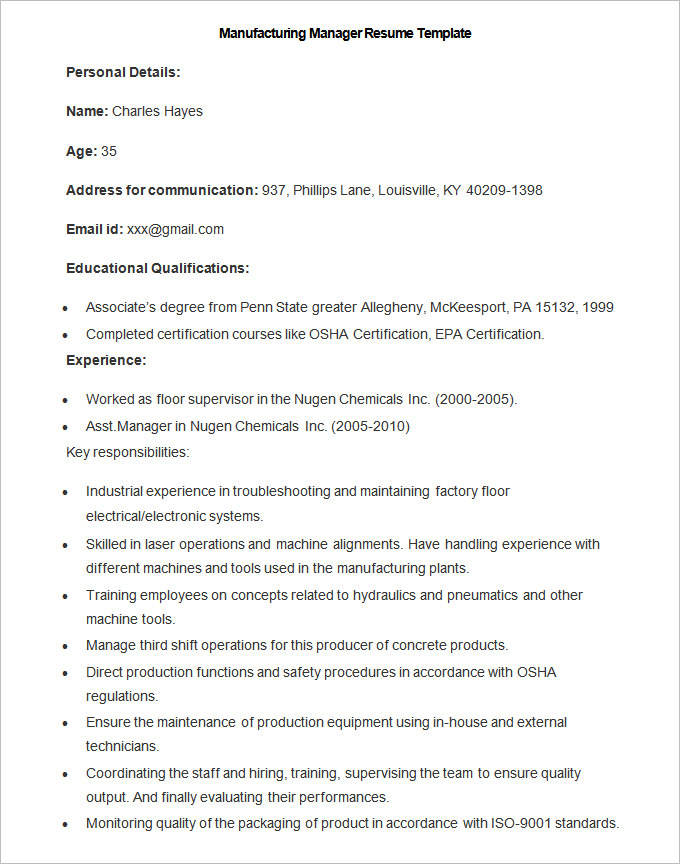 sample manufacturing manager resume template