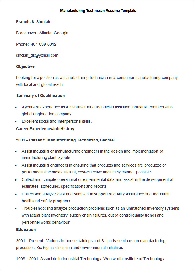 sample manufacturing technician resume template