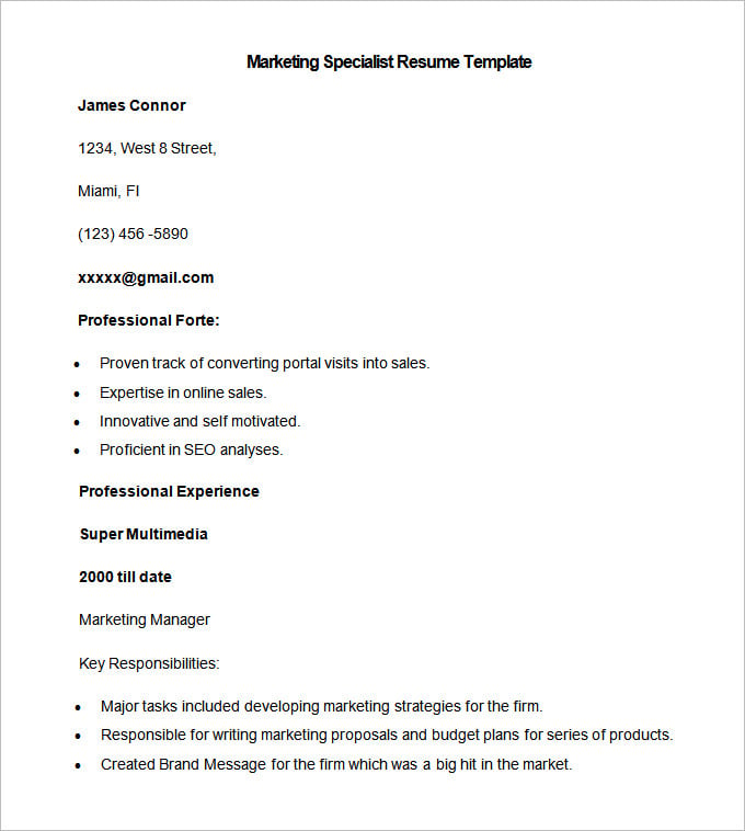 sample marketing specialist resume template download