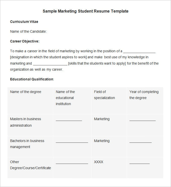sample marketing student resume template word