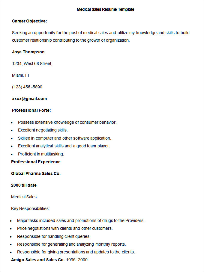 sample medical sales resume template