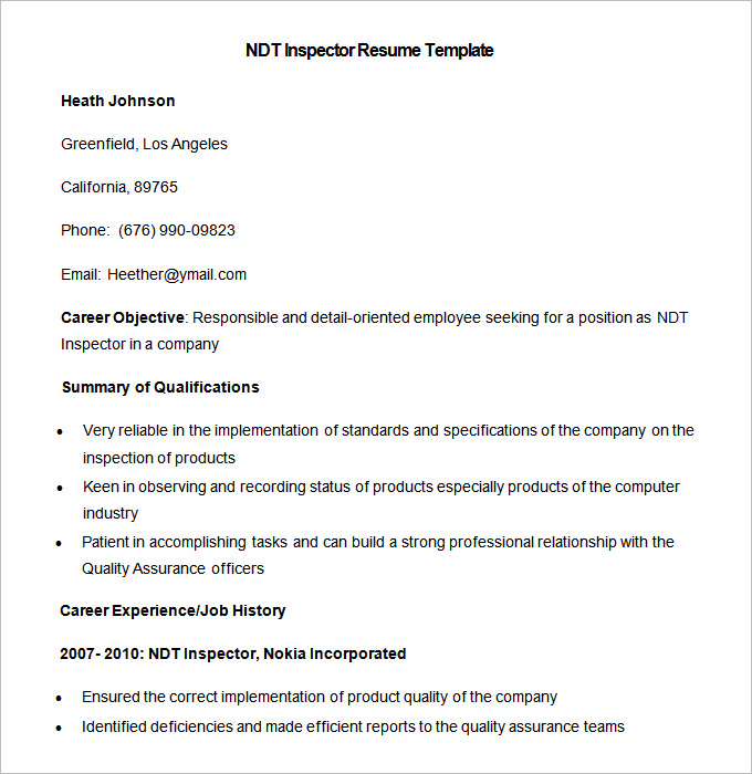 sample ndt inspector resume template free download