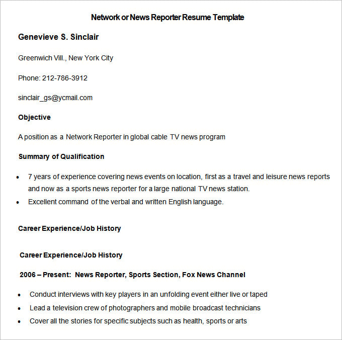 sample network or news reporter resume template download