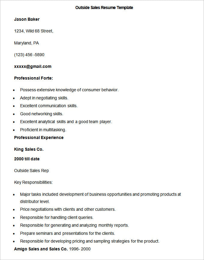 sample outside sales resume template
