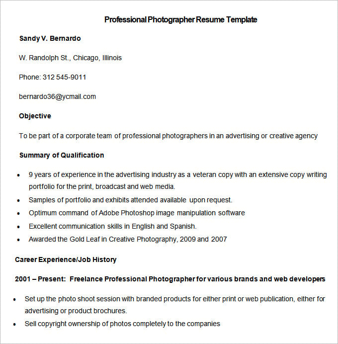 sample professional photographer resume template download