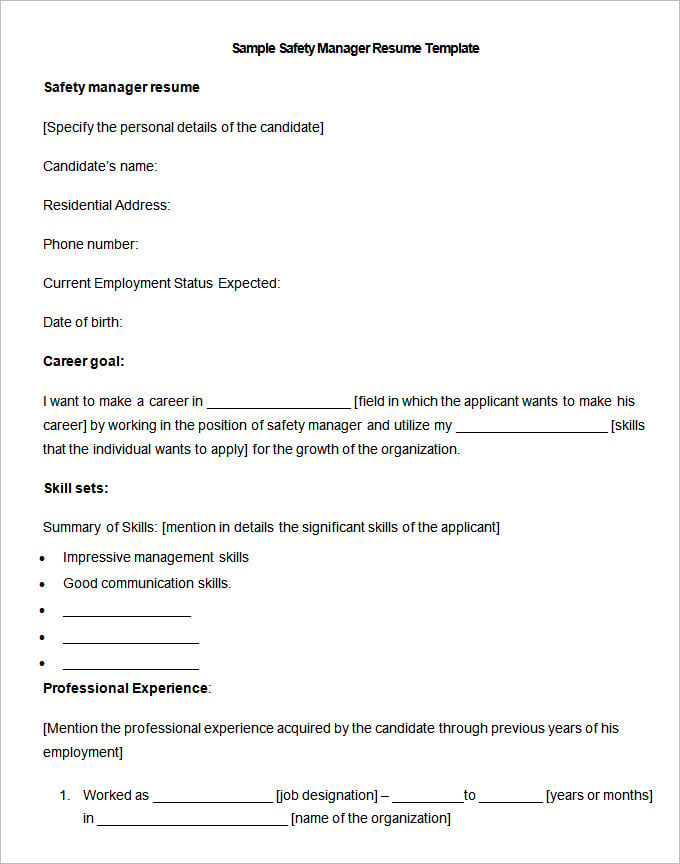 sample-safety-manager-resume-template