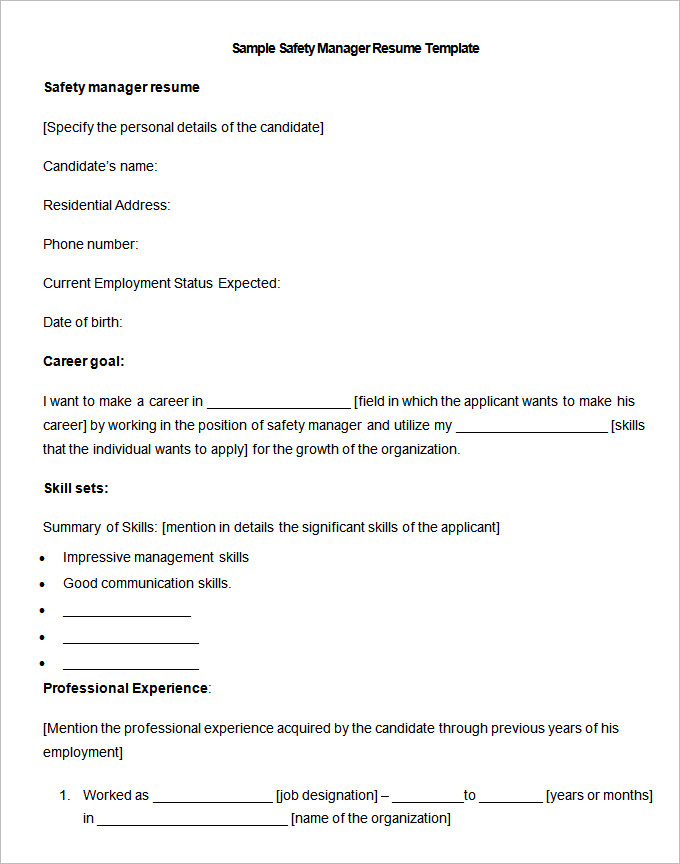 sample safety manager resume template