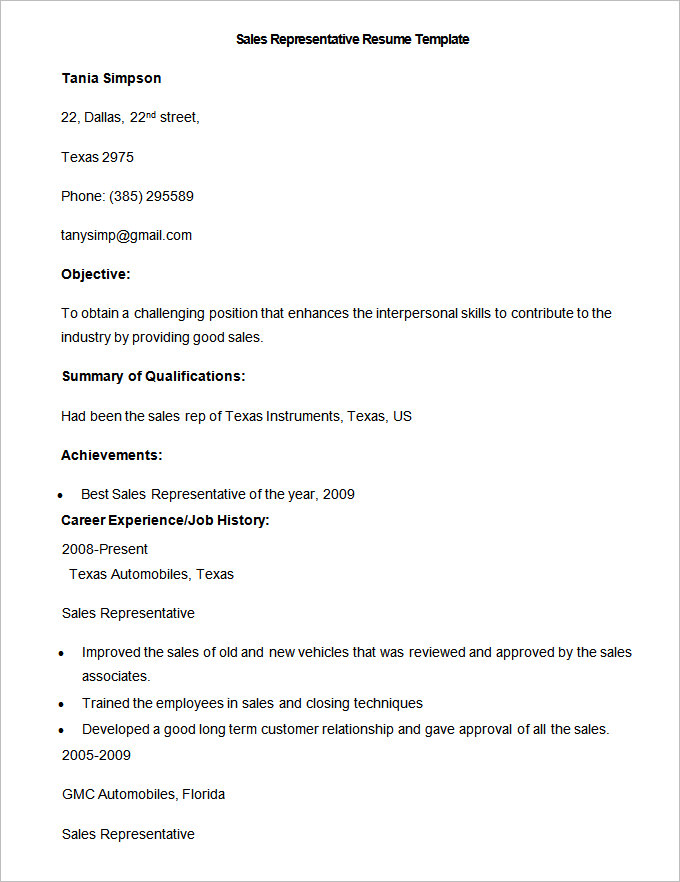 sample sales representative resume template