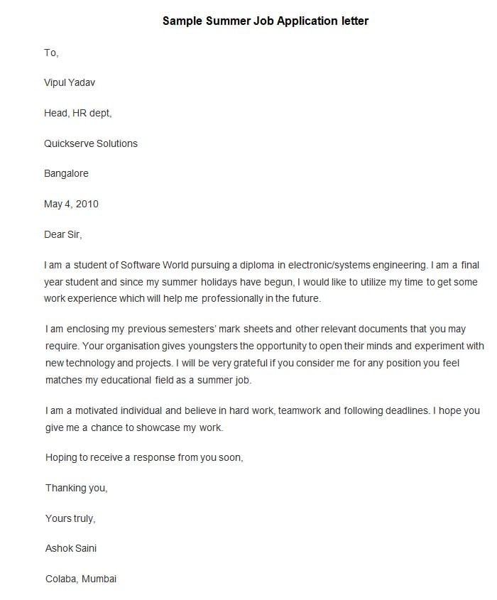 Sample of job application letter for any position