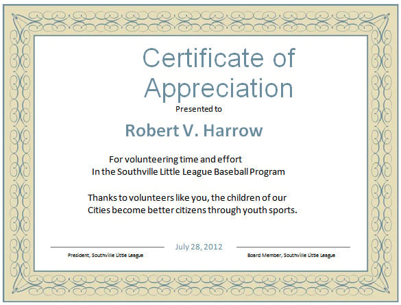sample volunteer appreciation certificate template