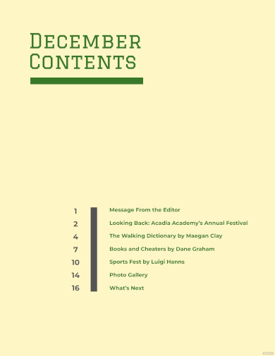 school magazine table of contents template