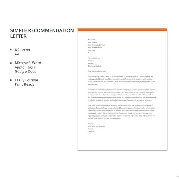 simple recommendation letter template