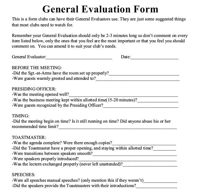 Toastmaster evaluation template 20 free word pdf documents download 