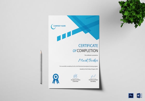 certificate of completion template psd and word format
