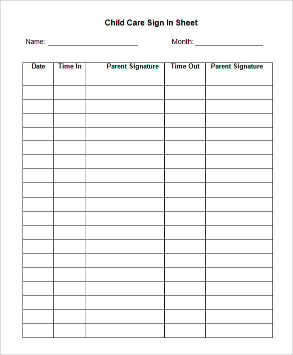 childcare sign in sheet template