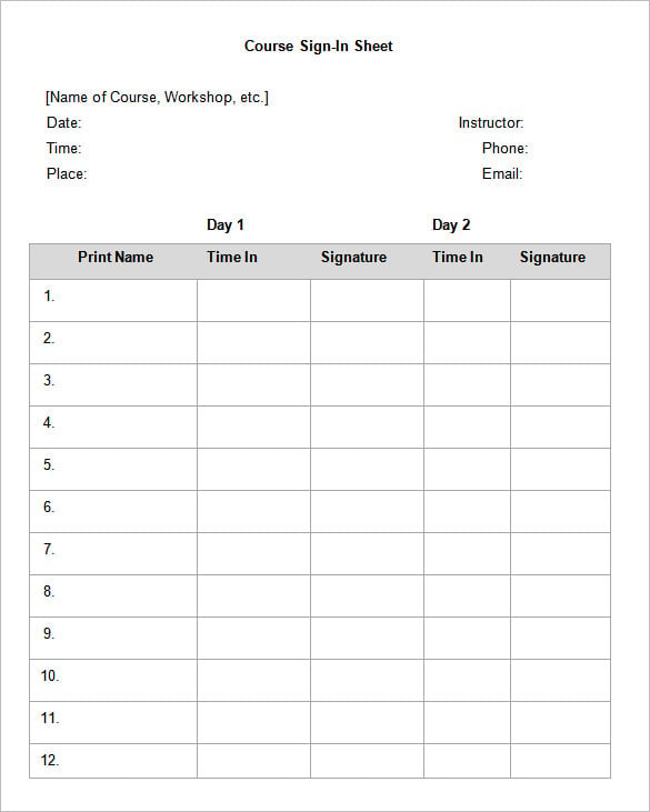 course sign in sheet template