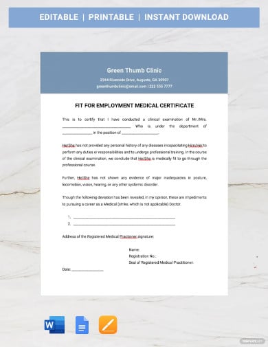 fit for employment medical certificate template