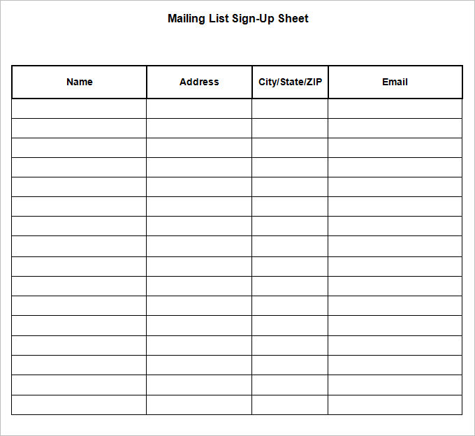 mailing list sign up sheet template