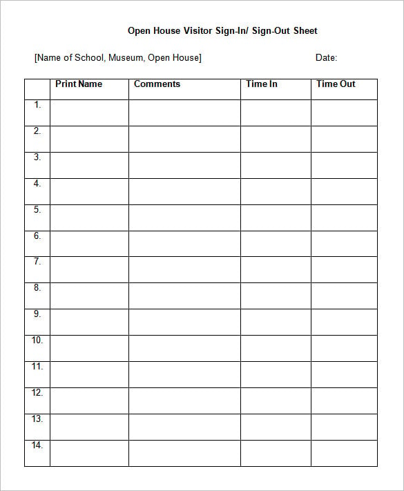 open house visitor sign in sign out sheet
