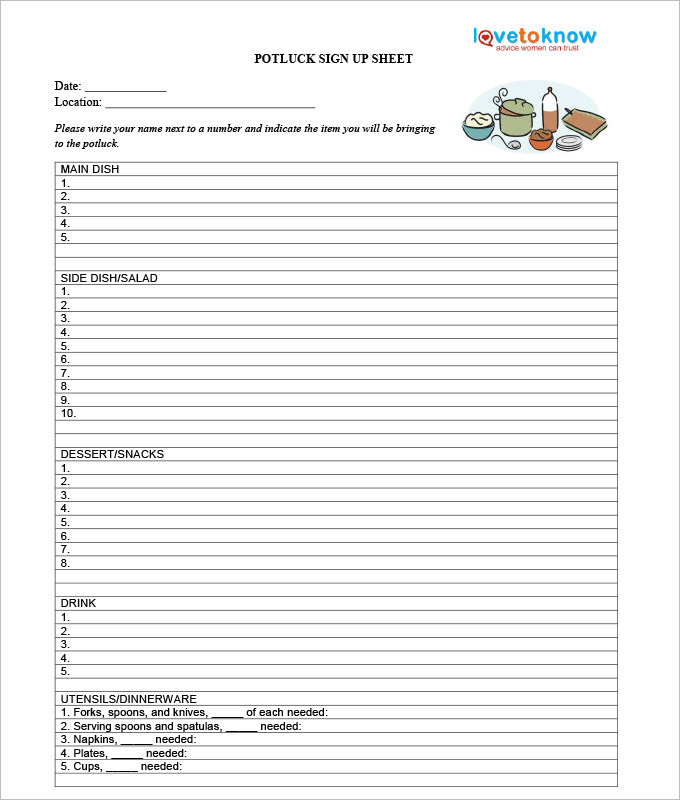 potluck sign up sheet template