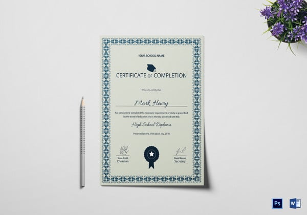 printable high school diploma completion certificate