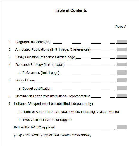 professional table of contents template