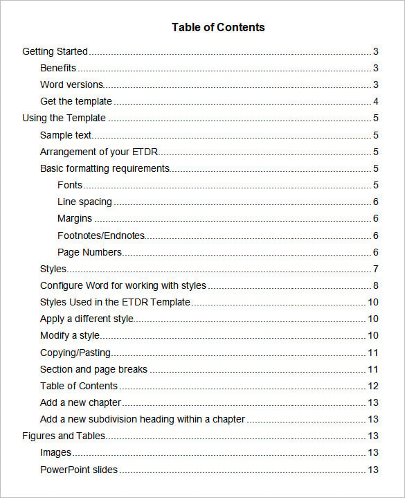 sample table of contents format