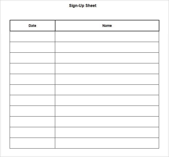 sign up sheet template printable