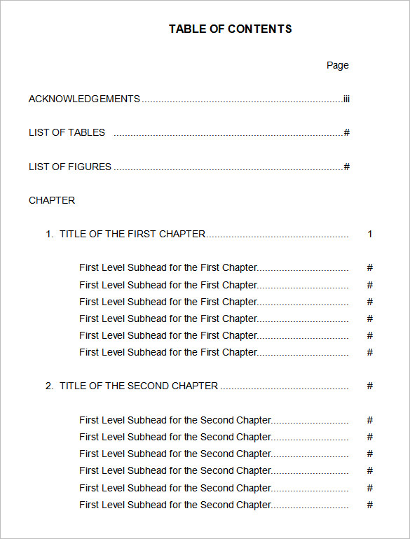 table of contents template word free download