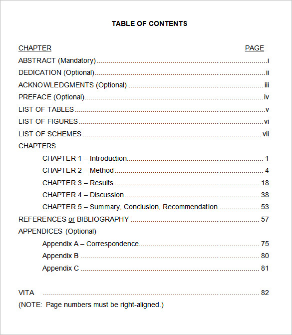 thesis format table of contents word 2010