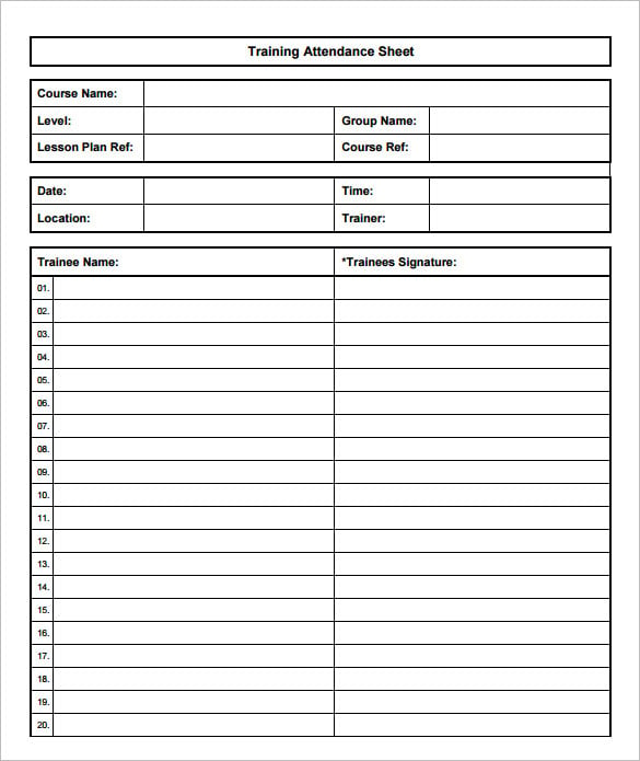 training sign in sheet template pdf