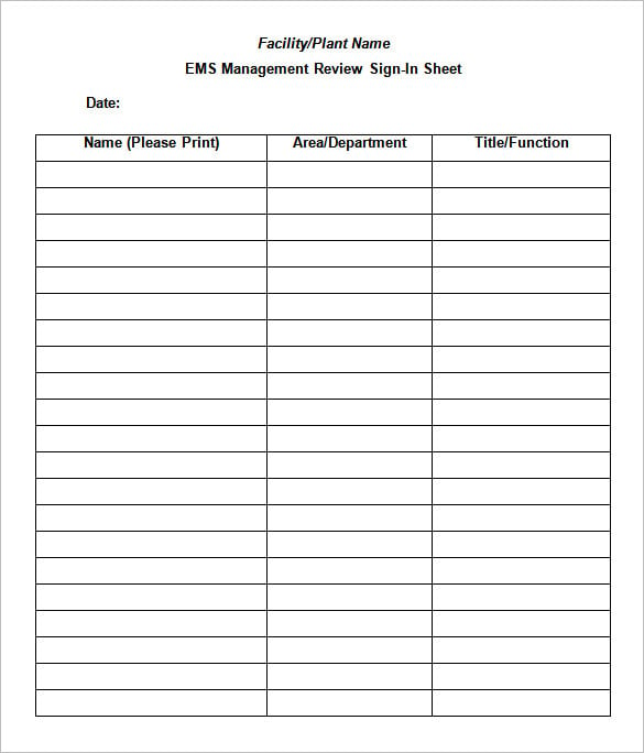 trainning sign in sheet template