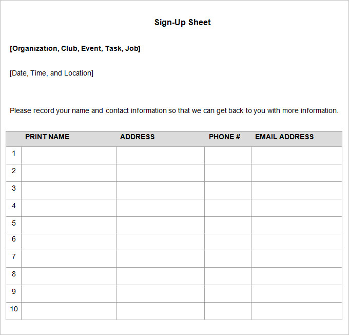 Sign Up Sheet Template Microsoft Word