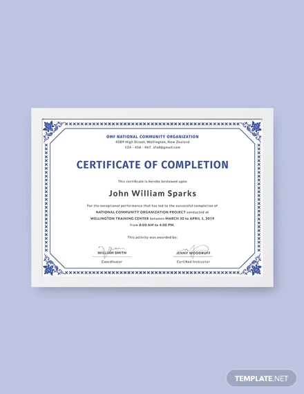 free certificate of project completion