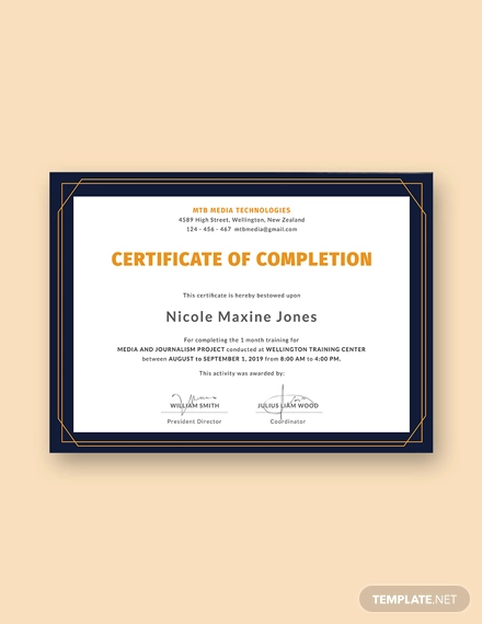 free training completion certificate