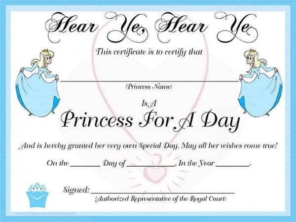blank princess for a day certificate